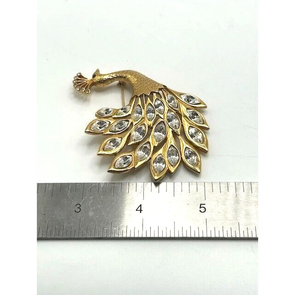 Vintage Strutting‎ Goldtone Peacock With Navette Rhinestone Plumage Brooch Pin